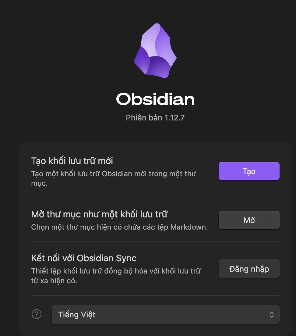 Màn hình chào của Obsidian với ba lựa chọn mở kho